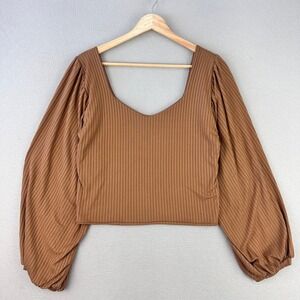 Handmade Ribbed Blouse Womens M Brown Puff Sleeve‎ Sweetheart Neckline USA
